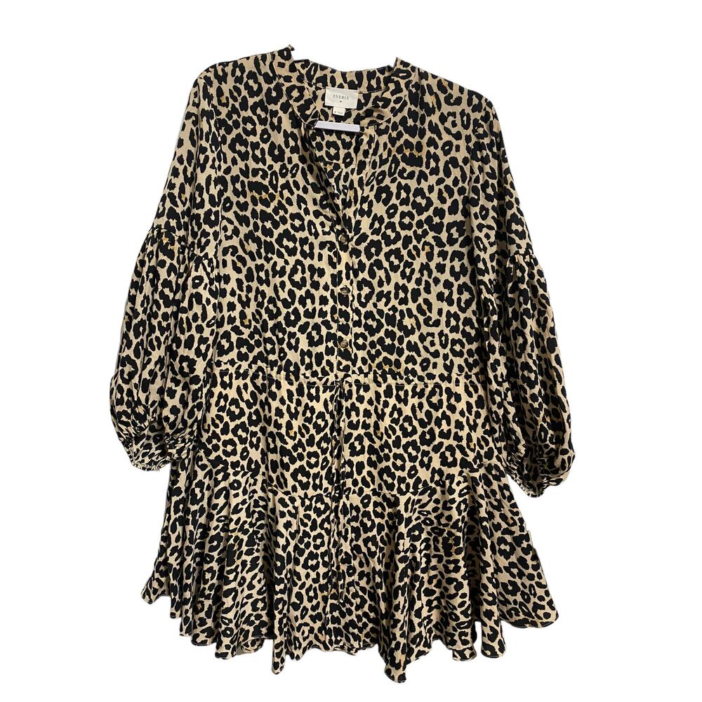 Everly Tiered Babydoll Dress Size Medium Animal Print Long Sleeve